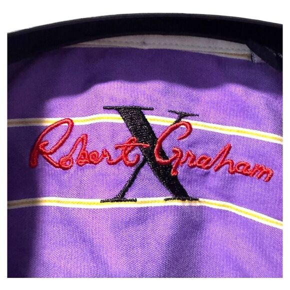 ROBERT GRAHAM mens size XL Embroidered Purple Cotton Long Sleeve Casual Shirt - Picture 2 of 4